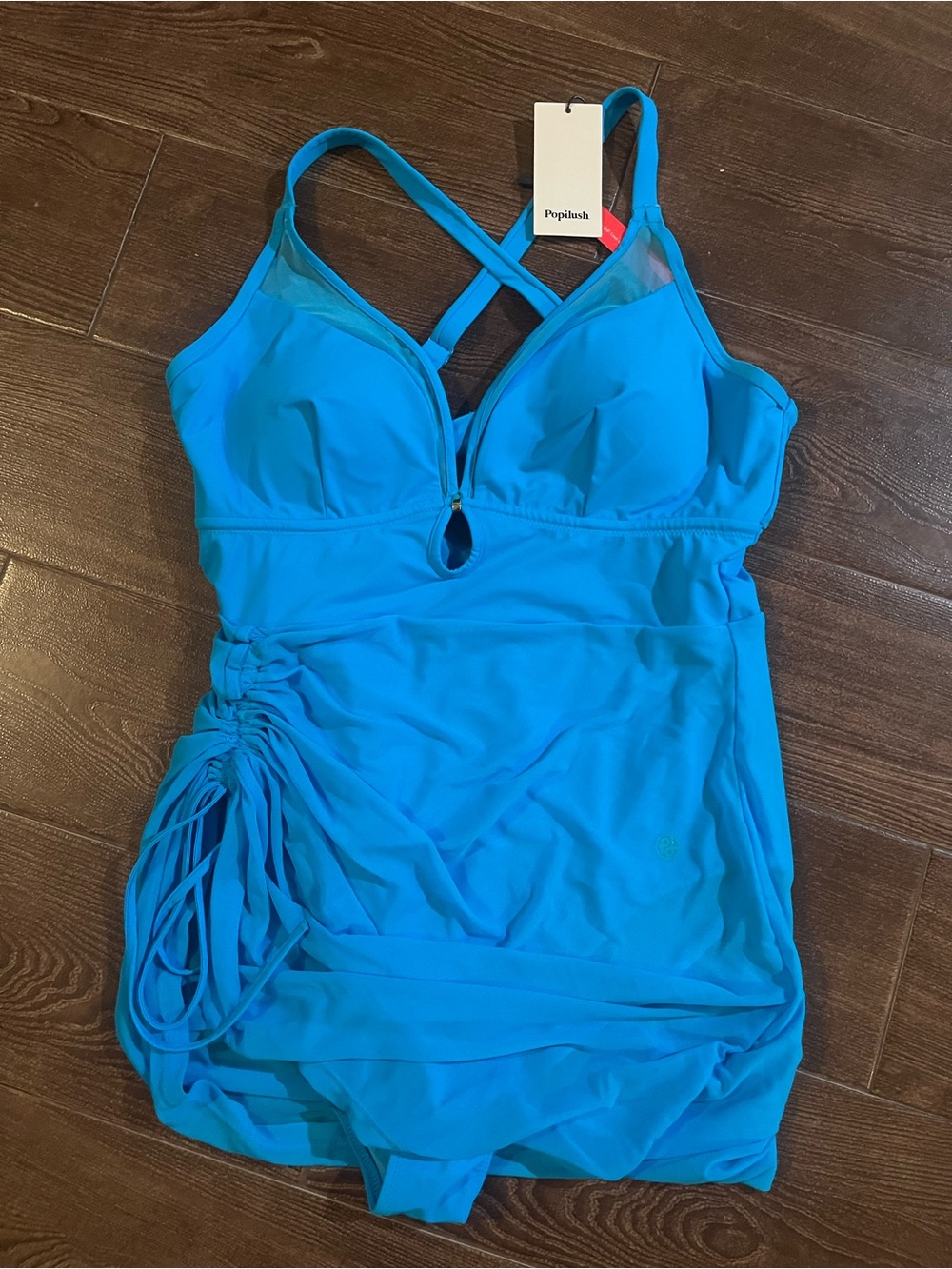 Popilush Teal Blue One-Piece Swimdress with Ruched Side